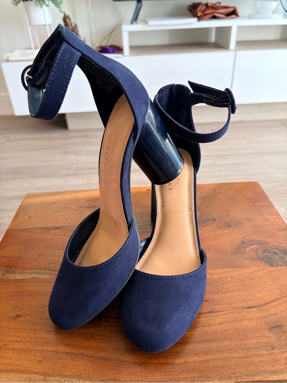 LC Lauren Conrad Navy Suede Ankle-Strap Block Heels